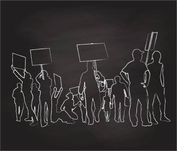 Chalkboard drawing vector illustration with a group of people holding signs in protest